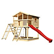 Karibu Kinderspielturm Benjamin (L x B x H: 244 x 198 x 309 cm, Naturbelassen, Mit roter Rutsche & Klettergerüst) | BAUHAUS