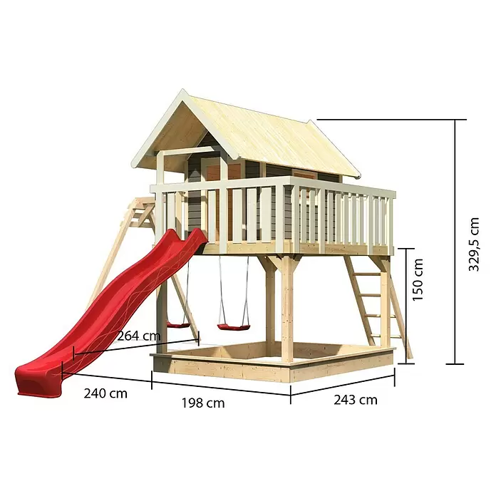 Karibu Kinderspielturm Fidel - L x B x H: 243 x 198 x 329,5 cm, Terragrau, Mit roter Rutsche - Hölzernes Kinderspielhaus mit roter Rutsche, zwei Schaukeln und integriertem Sandkasten.