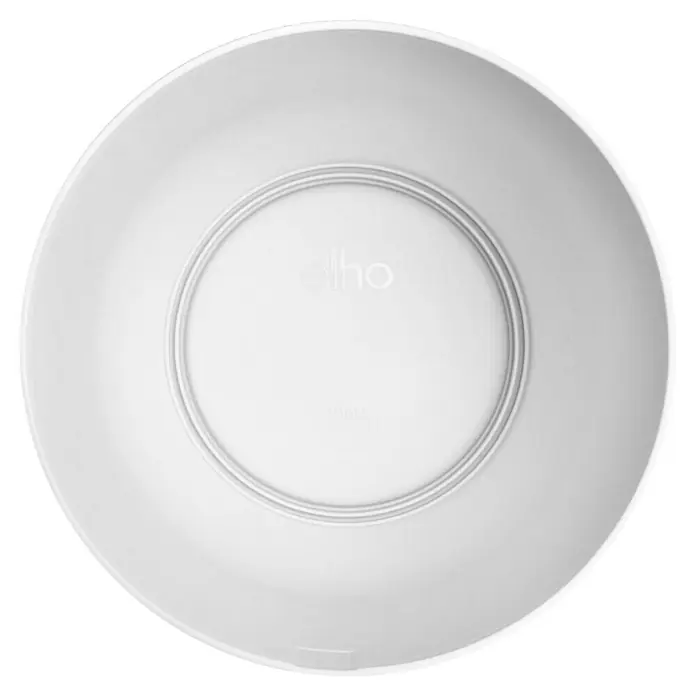 Elho Maceta para planta Jazz Round - Dimensiones externas (Ø x Al): 19 x 28 cm, Plástico, Blanco - Primer plano de un plato blanco Elho, ideal para plantas de interior, que proporciona una superficie elegante y protectora.