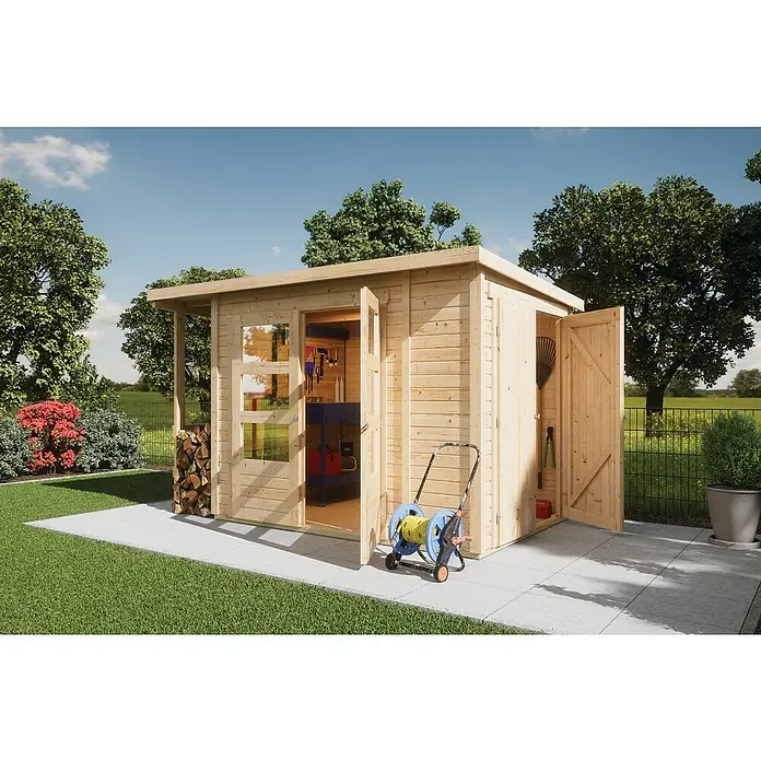 Karibu Gerätehaus Multi - Außenmaß inkl. Dachüberstand (B x T): 300 x 186,5 cm, Holz, Natur - Geräumiges Gartenhaus aus Holz mit geöffneten Türen, Werkzeugen und Gartenzubehör im Inneren und im Außenbereich.