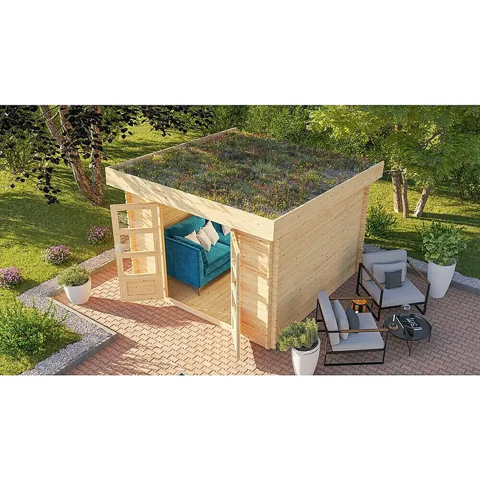 Karibu Gartenhaus Flora 3 - Außenmaß inkl. Dachüberstand (B x T): 297 x 237 cm, Holz, Natur - Eine charmante Gartenlaube mit einem begrünten Dach, die mit einem blauen Sofa und stilvollen Gartenmöbeln zum Entspannen einlädt.