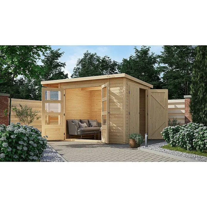 Karibu Gerätehaus Multi - Außenmaß inkl. Dachüberstand (B x T): 300 x 186,5 cm, Holz, Natur - Das moderne Holzgartenhaus bietet mit seinen weit öffnenden Türen einen hellen, einladenden Raum für Entspannung im Freien.