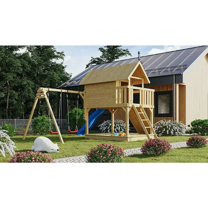 Karibu Kinderspielturm Fidel - L x B x H: 243 x 198 x 329,5 cm, Naturbelassen, Mit blauer Rutsche - Spielplatz mit Schaukel und Rutsche im Garten, ideal für Kinder zum Spielen im Freien. Das Set bietet Spaß und Bewegung im Freien.