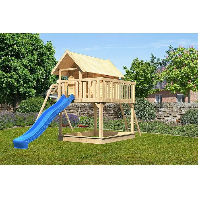 Karibu Kinderspielturm Fidel - L x B x H: 243 x 198 x 329,5 cm, Naturbelassen, Mit blauer Rutsche - Ein hölzernes Spielhaus mit Rutsche und Sandkasten, ideal für den Garten, um Kindern stundenlangen Spaß im Freien zu bieten.