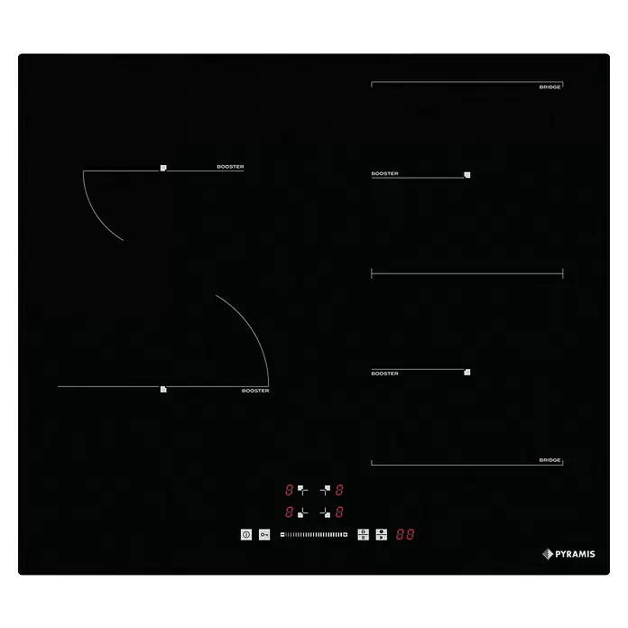 Pyramis Kochfeld PHI62432FMB - Anzahl Induktionskochstellen: 4 Stk. - Schwarzes Induktionskochfeld aus Glas mit vier Kochzonen, 'BOOSTER'- und 'BRIDGE'-Funktionen und roten LED-Touch-Bedienelementen.