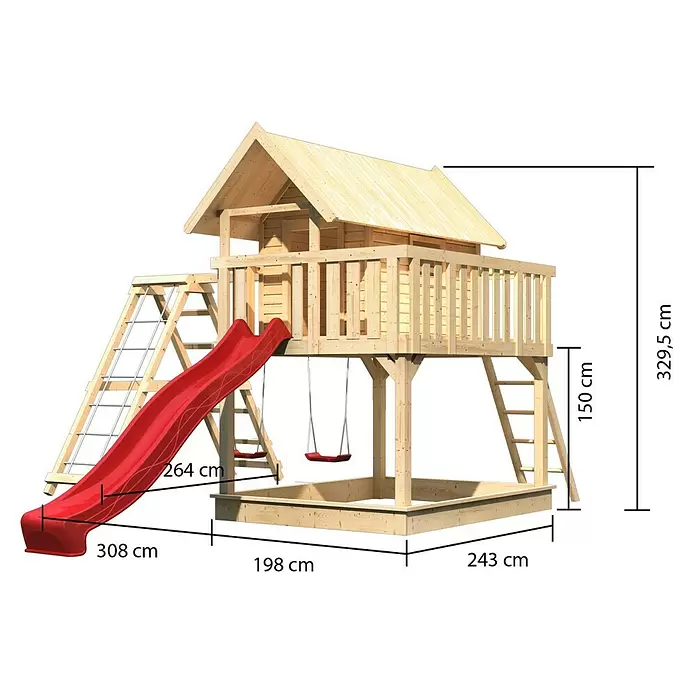 Karibu Kinderspielturm Fidel - L x B x H: 243 x 198 x 329,5 cm, Naturbelassen, Mit roter Rutsche & Klettergerüst - Spielhaus aus hellem Holz mit roter Rutsche, zwei Schaukeln und integriertem Sandkasten.
