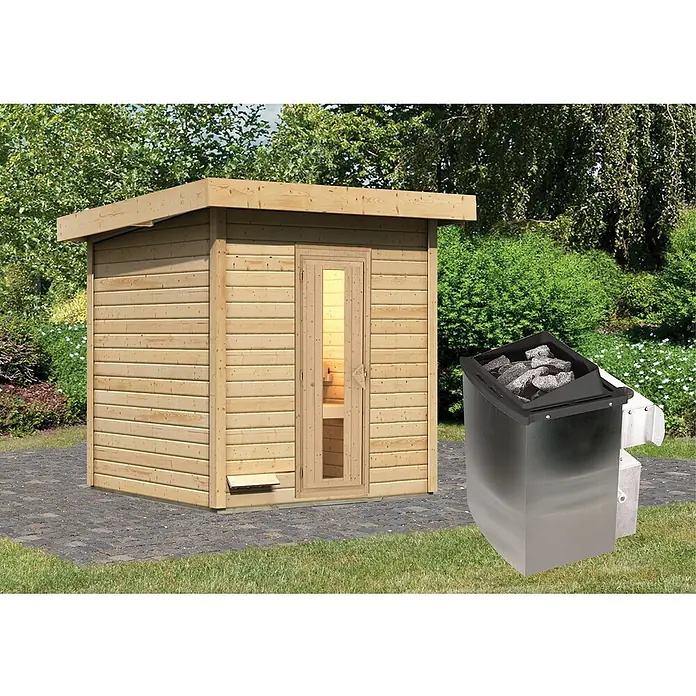 Karibu Saunahaus Hytti - 9 kW Saunaofen mit integrierter Steuerung, L x B x H: 196 x 196 x 228 cm, Natur - Holzsauna mit Ofen im Garten. Die Sauna ist aus hellem Holz und der Ofen ist mit Steinen gefüllt. Eine tolle Ergänzung für jeden Garten.