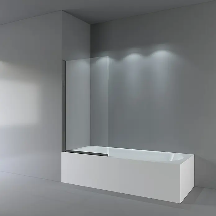 Mampara para bañera Black - An x Al: 80 x 140 cm, 1 ud., Negro - La imagen muestra una bañera moderna con una mampara de ducha de vidrio. La bañera es blanca y tiene forma rectangular.