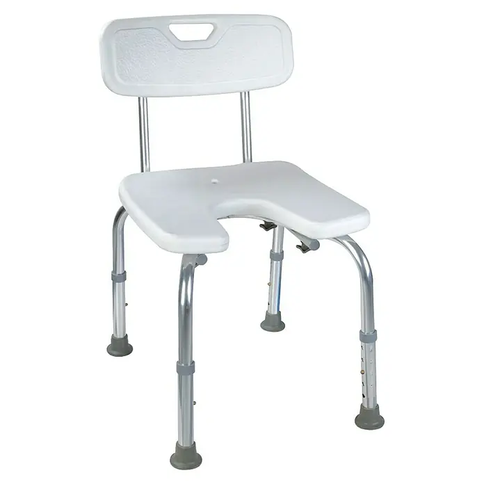 Taburete de baño en U - Plástico, Carga soportada: 150 kg - Silla de ducha con respaldo. La silla de ducha consta de un asiento y respaldo blancos, así como patas de aluminio ajustables.