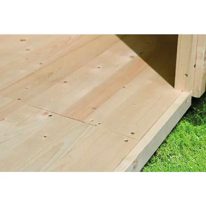 Karibu Gartenhaus-Fußboden Iridium 2/Aurum 2 - Passend für: Karibu Gartenhaus Iridium 2 & Aurum 2, 204 x 202 cm - Nahaufnahme eines Holzbodenstücks mit Schrauben, das die Details und die Konstruktion des Produkts hervorhebt. Ideal für Bauprojekte.