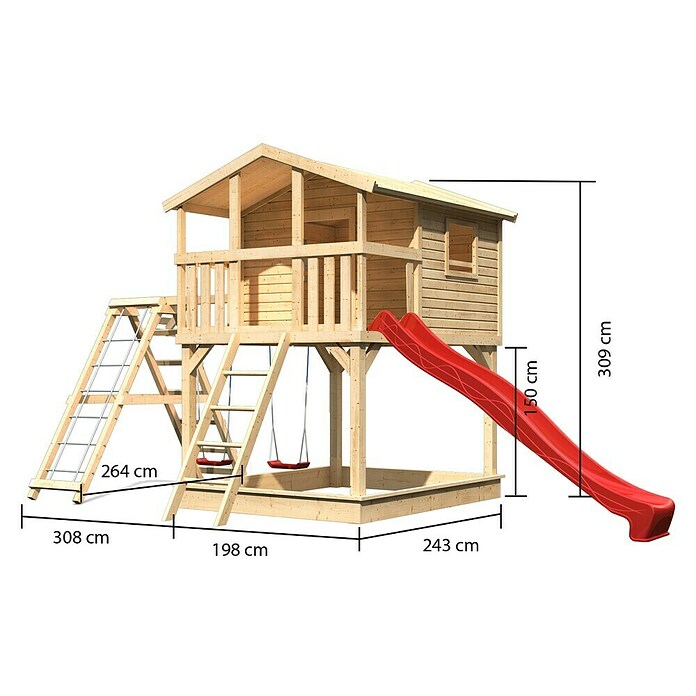 Karibu Kinderspielturm Benjamin (L x B x H: 244 x 198 x 309 cm, Naturbelassen, Mit roter Rutsche & Klettergerüst) | BAUHAUS