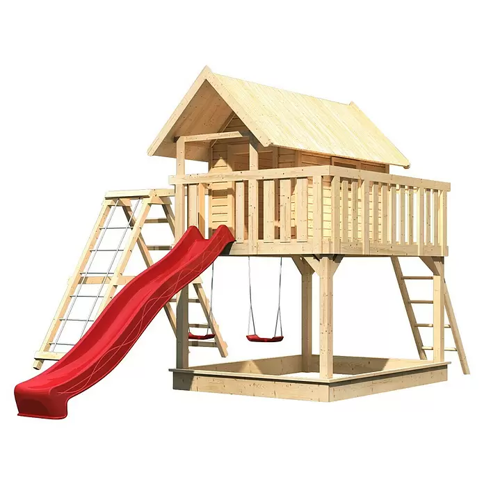Karibu Kinderspielturm Fidel - L x B x H: 243 x 198 x 329,5 cm, Naturbelassen, Mit roter Rutsche & Klettergerüst - Hölzernes Spielgerüst mit roter Rutsche, Spielhaus, zwei Schaukeln und integriertem Sandkasten.