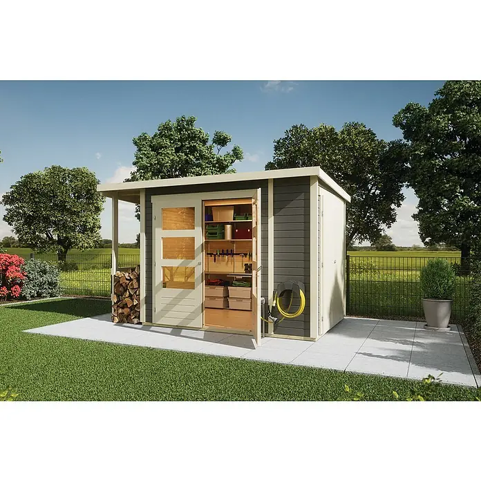 Karibu Gerätehaus Multi - Außenmaß inkl. Dachüberstand (B x T): 300 x 186,5 cm, Holz, Terragrau - Ein modernes Gartenhaus mit offener Tür, das einen Einblick in die praktische Aufbewahrung von Werkzeugen und Geräten bietet. Die Holzkonstruktion fügt sich gut in den Garten ein.