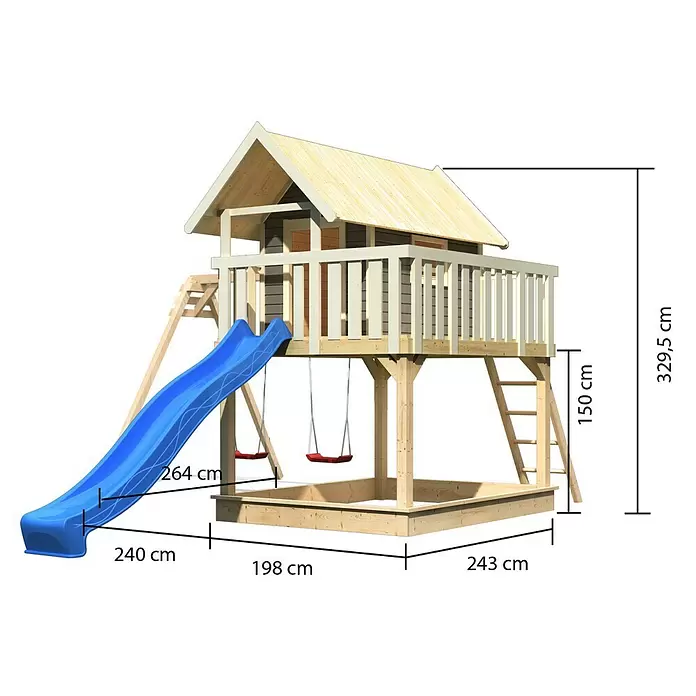 Karibu Kinderspielturm Fidel - L x B x H: 243 x 198 x 329,5 cm, Terragrau, Mit blauer Rutsche - Hölzernes Spielset mit erhöhtem Spielhaus, blauer Rutsche, Schaukeln und Sandkasten.