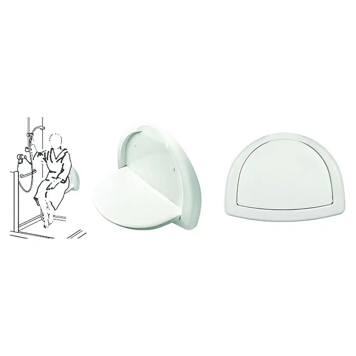 Taburete de baño - Plástico, Carga soportada: 150 kg - La imagen muestra un sistema de asiento para ducha, con un asiento abatible y soporte para un uso seguro y cómodo.