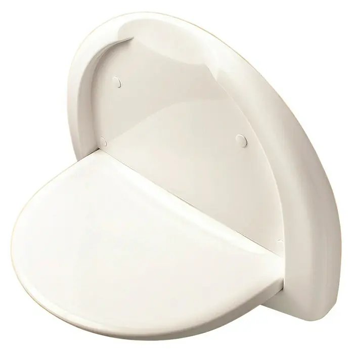 Taburete de baño - Plástico, Carga soportada: 150 kg - Asiento de ducha blanco montado en la pared. Proporciona una solución de almacenamiento elegante para los accesorios de ducha en el baño.