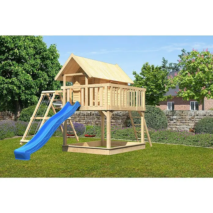 Karibu Kinderspielturm Fidel - L x B x H: 243 x 198 x 329,5 cm, Naturbelassen, Mit blauer Rutsche & Klettergerüst - Holzspielplatz mit Rutsche, Kletterwand und Sandkasten. Ideal für Kinder zum Spielen und Toben im Garten.