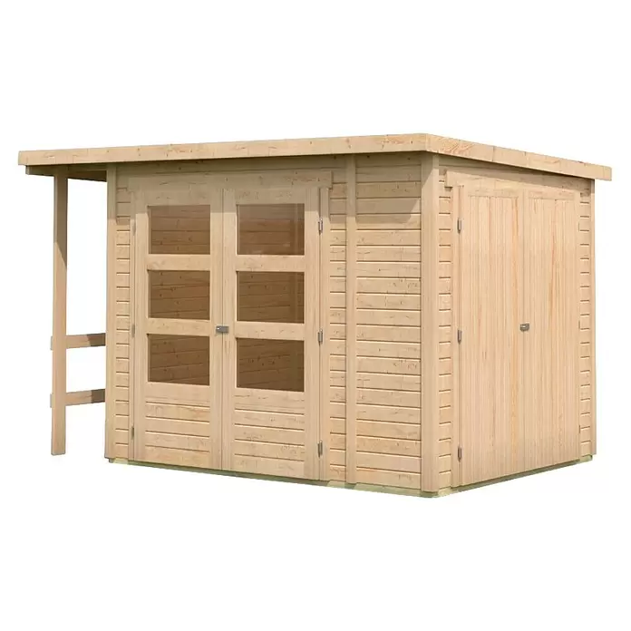 Karibu Gerätehaus Multi - Außenmaß inkl. Dachüberstand (B x T): 300 x 186,5 cm, Holz, Natur - Helles Holz-Gartenhaus mit Glas-Doppeltüren, einer Massivtür und einem Anbau.