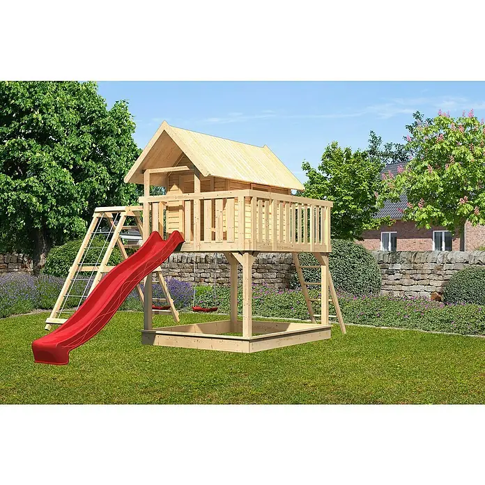 Karibu Kinderspielturm Fidel - L x B x H: 243 x 198 x 329,5 cm, Naturbelassen, Mit roter Rutsche & Klettergerüst - Holzspielturm mit Rutsche, Kletterwand und Sandkasten für Kinder zum Spielen im Garten.\n