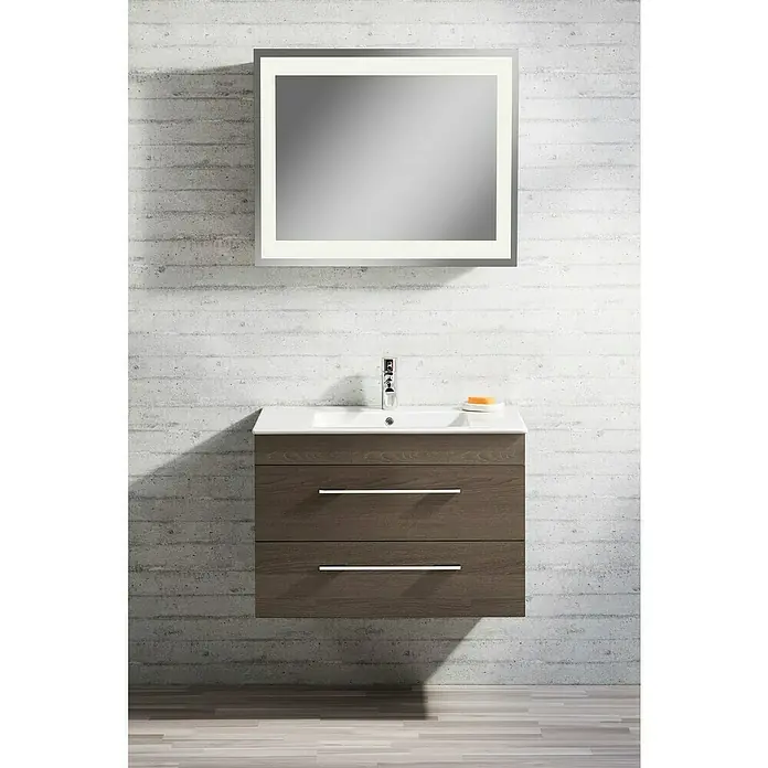 Lanzet K5 Badmöbel-Set K59E1 - 87,9 cm, Eiche Maron - Modernes Badezimmer-Waschbecken mit zwei Schubladen und beleuchtetem Spiegel an einer Betonwand.