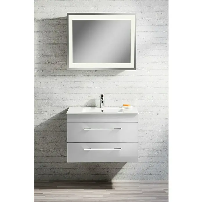 Lanzet K5 Badmöbel-Set K59W1 - 87,9 cm, Weiß - Elegantes Badezimmer-Ensemble mit einem beleuchteten Spiegel und einem modernen Waschtisch mit zwei Schubladen in strahlendem Weiß.