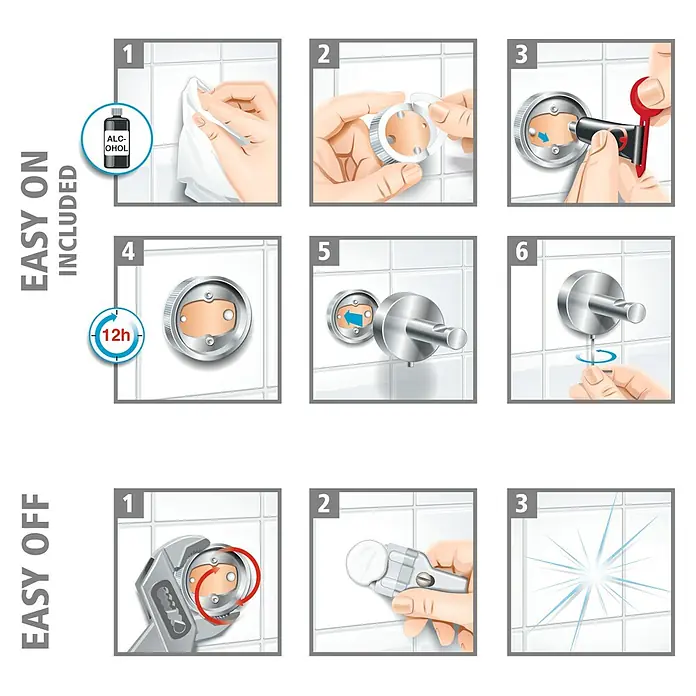 Tesa Deluxxe Handtuchring - Chrom, Glänzend - Montageanleitung für einen Handtuchhaken mit den Schritten zum Anbringen und Entfernen.