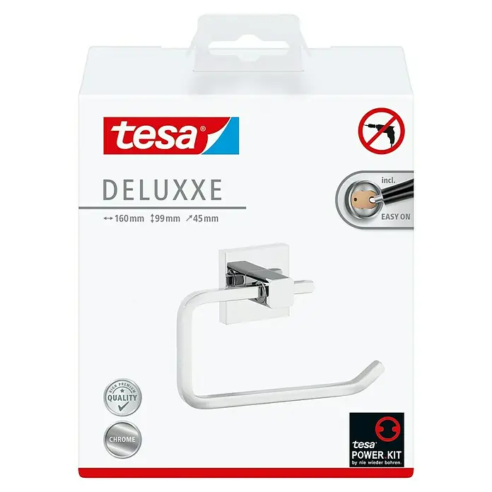 Tesa Deluxxe Papierrollenhalter - Ohne Deckel, Chrom, Glänzend - Verpackung einer Tesa DELUXXE Handtuchhalterung zur Wandmontage ohne Bohren, mit Premium Qualität und Chromveredelung.