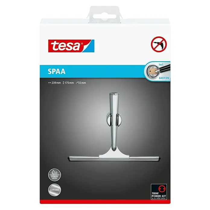 Tesa Bad-& Duschabzieher SpaaMetall, Chrom, Mit Halterung - Tesa SPAA Duschabzieher in Chrom-Optik, inklusive Power Kit für einfache, bohrfreie Montage. Fleckenabweisend und stilvoll.