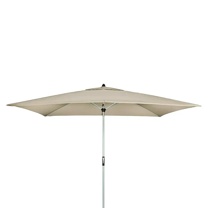 Doppler Active Marktschirm Auto Tilt - Natur, Bespannungsmaß (L x B): 300 x 200 cm - Ein stilvoller, rechteckiger Sonnenschirm in Beige mit einem stabilen, silberfarbenen Ständer, perfekt für den Sonnenschutz im Freien.