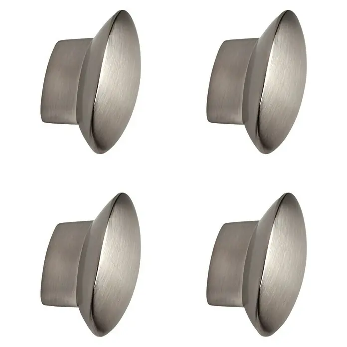 Rei Pomo para muebles - Diámetro: 41 mm, Níquel, Satinado, 4 ud. - Primer plano de cuatro pomos de armario modernos de níquel cepillado con forma ovalada sobre fondo negro.