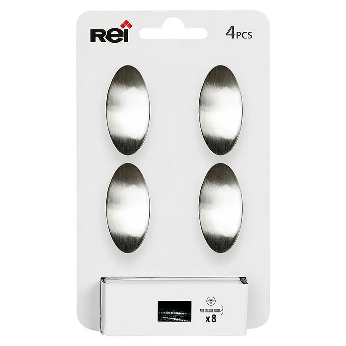 Rei Pomo para muebles - Diámetro: 41 mm, Níquel, Satinado, 4 ud. - Un paquete de cuatro tuercas ciegas Rei de color plateado y ocho tornillos, ideales para proyectos de muebles o decoración.