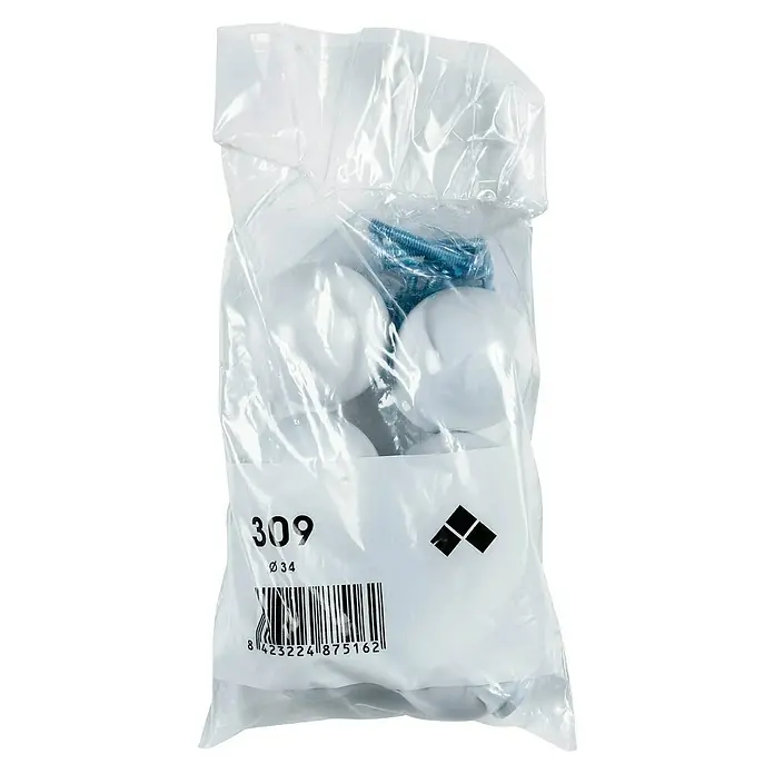 Rei Pomo para muebles 309 - Diámetro: 34 mm, Blanco, 6 ud. - Un paquete de pomos de muebles blancos y tornillos en una bolsa de plástico transparente.
