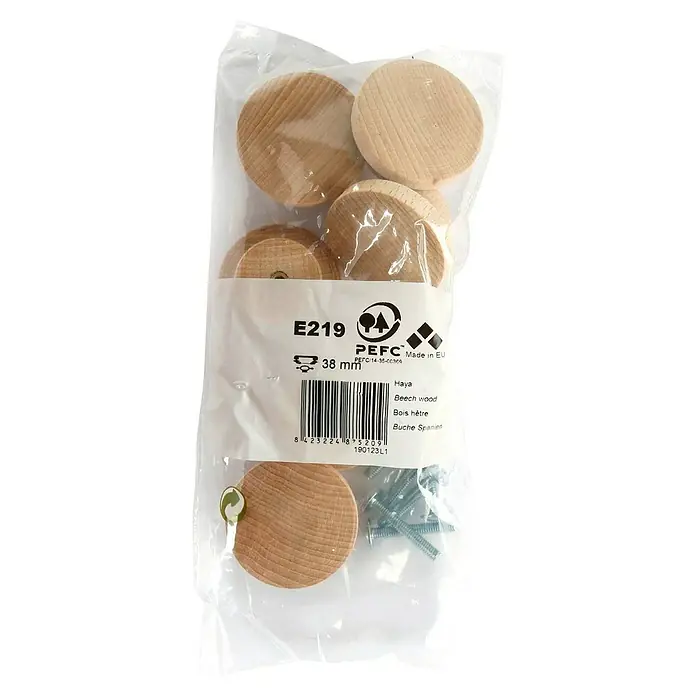 Rei Pomo para muebles Haya - Diámetro: 38 mm, Haya, 6 ud. - Un paquete de pomos redondos de madera (haya) para muebles y tornillos, empaquetado en una bolsa de plástico transparente.