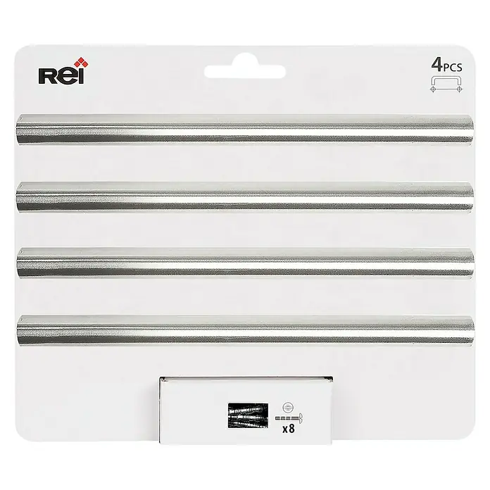 Rei Tirador para muebles 891H - Distancia entre orificios: 128 mm, Aluminio, Brillante, 4 ud. - Un paquete de cuatro barras de toallero plateadas Rei con ocho tornillos incluidos para el montaje en pared.