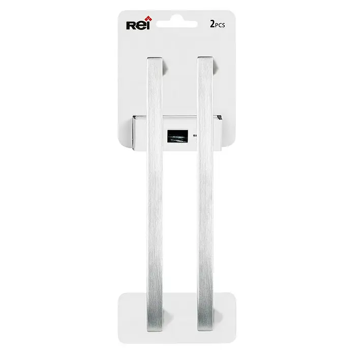 Rei Tirador para muebles 933 - Distancia entre orificios: 192 mm, Plateado, 2 ud. - Dos tiradores de armario plateados están montados en un paquete blanco que muestra el logotipo "Rei" e indica "2PCS".