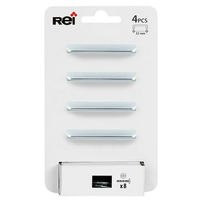 Rei Tirador para muebles 6206 - Distancia entre orificios: 32 mm, Plateado, 4 ud. - Un blíster de cuatro rieles metálicos Rei, de 32 mm de longitud cada uno, para su montaje, y un paquete de ocho tornillos.