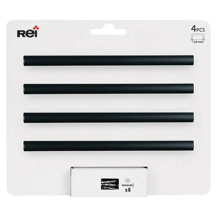 Rei Tirador para muebles 2279 - Distancia entre orificios: 128 mm, Negro, 4 ud. - Un paquete de 4 toalleros Rei negros, con 8 tornillos para un fácil montaje en la pared. Práctico y elegante para cualquier baño.