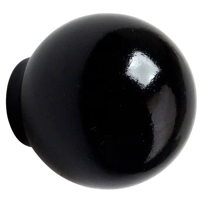 Rei Pomo para muebles 309 - Diámetro: 34 mm, Negro, 6 ud. - Primer plano de un pomo de puerta esférico negro brillante sobre un fondo oscuro.