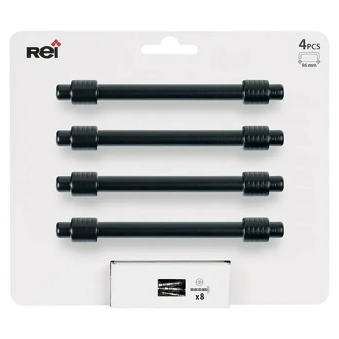Rei Tirador para muebles - Distancia entre orificios: 96 mm, Negro, Mate, 4 ud. - Imagen de un conjunto de cuatro barras de cortina negras rei, con accesorios como tornillos para una fácil instalación.