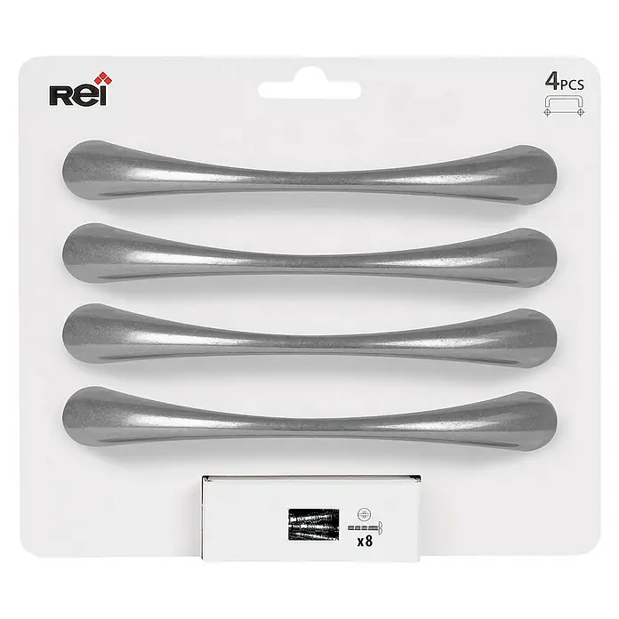Rei Tirador para muebles - Distancia entre orificios: 128 mm, Cromo, Mate, 4 ud. - Imagen de un paquete que contiene cuatro manijas para muebles REI plateadas junto con los tornillos asociados.