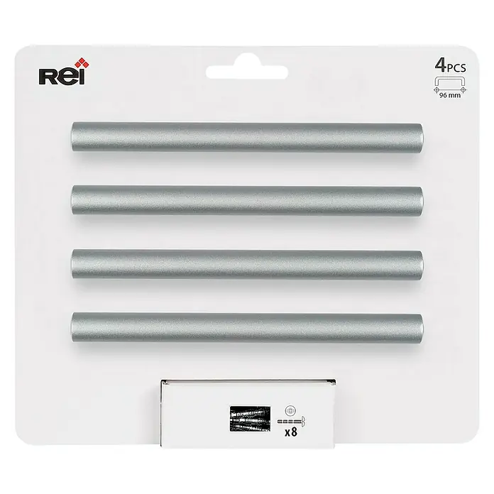 Rei Tirador para muebles 891H - Distancia entre orificios: 96 mm, Aluminio, 4 ud. - Imagen de un embalaje con cuatro tiradores plateados Rei, incluyendo ocho tornillos para una fácil instalación.