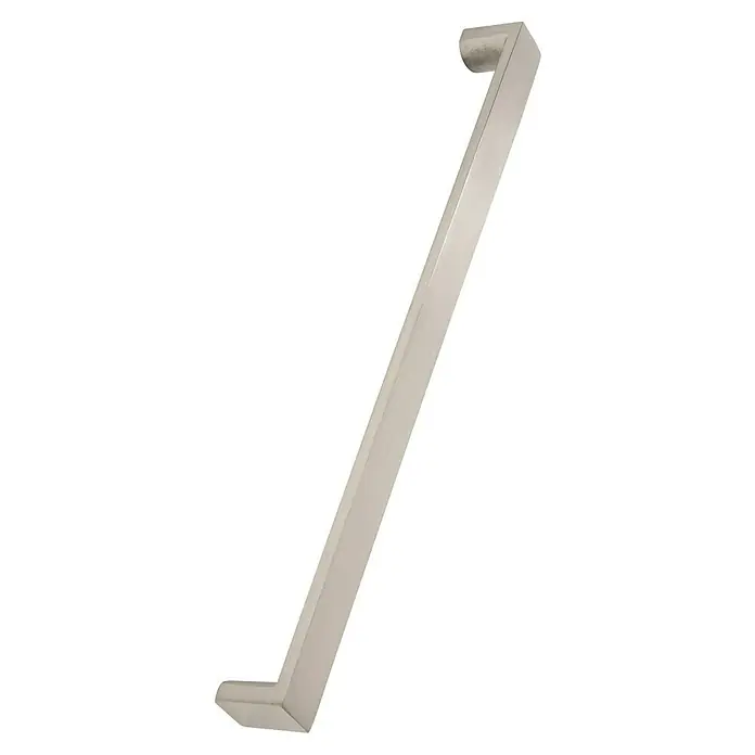 Rei Tirador para muebles - Distancia entre orificios: 256 mm, Níquel, Satinado, 2 ud. - Primer plano de un tirador moderno de acero cepillado, perfecto para puertas o muebles. Su forma limpia y rectangular proporciona un aspecto elegante.
