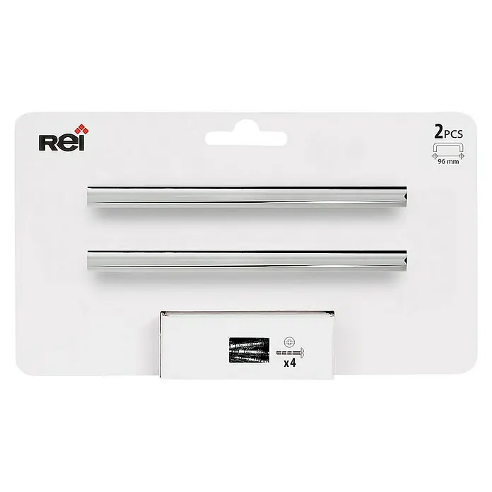 Rei Tirador para muebles 2279 - Distancia entre orificios: 96 mm, Plateado, Brillante, 2 ud. - Paquete de dos tiradores cromados para muebles Rei (96 mm), tornillos incluidos para su instalación. Ideal para renovar cajones y armarios.