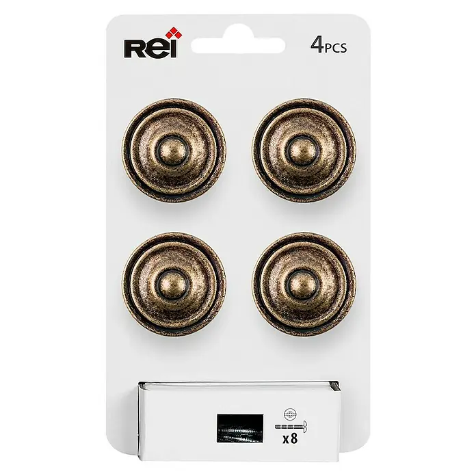 Rei Pomo para muebles 3110 - Diámetro: 35 mm, Cuero viejo, 4 ud. - Paquete de 4 pomos para muebles con aspecto de bronce y 8 tornillos. Ideal para mejorar con estilo los muebles.