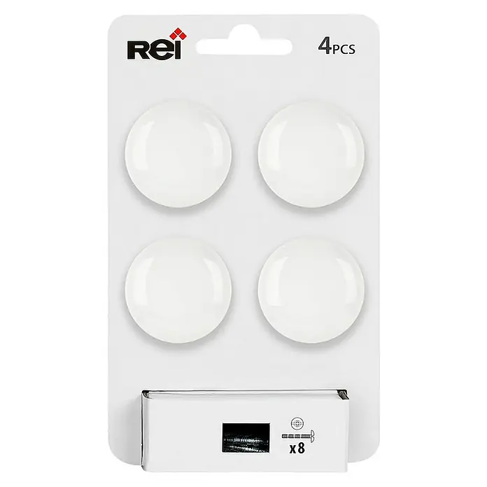 Rei Pomo para muebles - Diámetro: 35 mm, Blanco, 4 ud. - El paquete contiene cuatro patines redondos blancos Rei para muebles y ocho tornillos de fijación correspondientes.