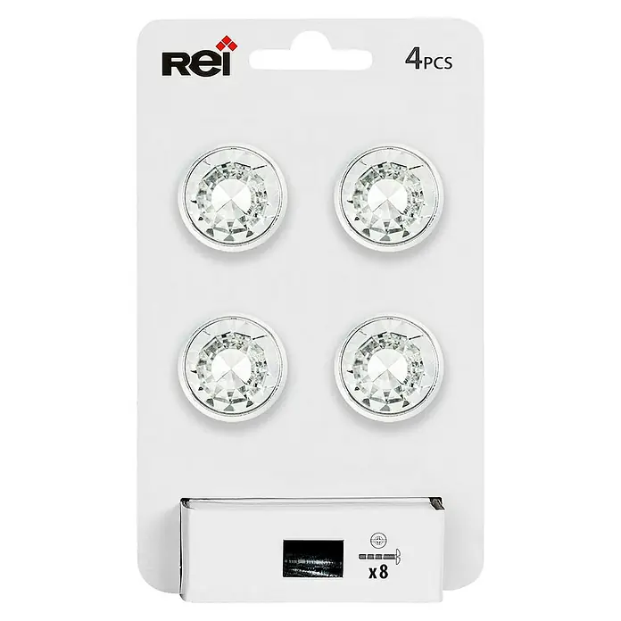 Rei Pomo para muebles - Diámetro: 25 mm, Cromo, Brillante, 4 ud. - Un paquete de cuatro pomos decorativos Rei con pedrería y ocho tornillos para el montaje.