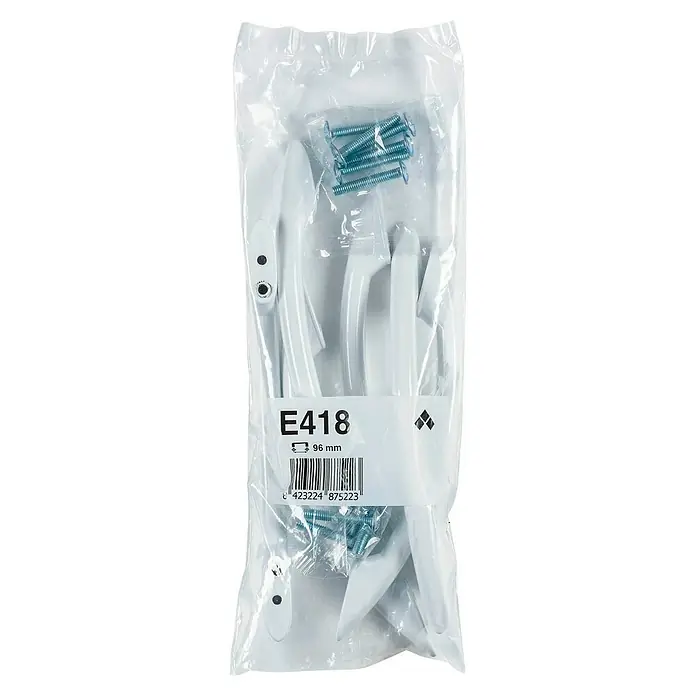 Rei Tirador para muebles E418 - Distancia entre orificios: 96 mm, Blanco, 6 ud. - Tiradores de muebles blancos empaquetados con tornillos, marcados con E418 y una distancia entre orificios de 96 mm, para bricolaje.