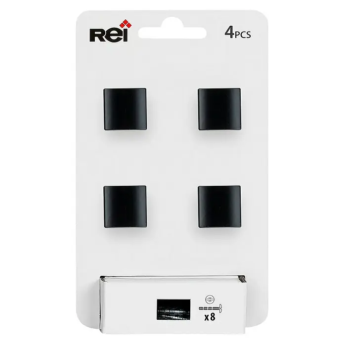 Rei Pomo para muebles - L x An: 20 x 20 mm, Negro, Mate, 4 ud. - Un paquete de cuatro tapas negras para tubos de patas de silla REI, junto con una caja de ocho tornillos para una fijación segura.
