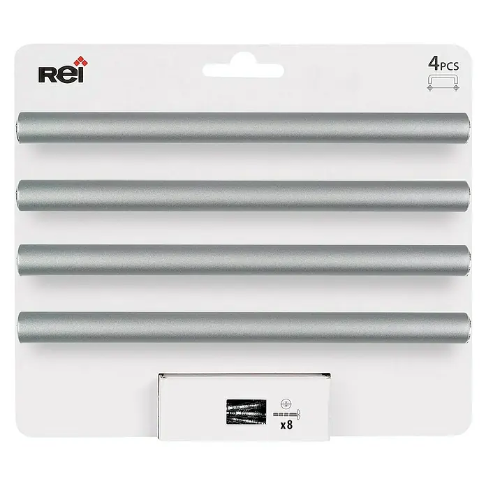 Rei Tirador para muebles 891H - Distancia entre orificios: 128 mm, Plateado, 4 ud. - Un paquete de 4 tiradores de cajón metálicos plateados de REI, con tornillos incluidos. Perfecto para modernizar tus muebles.
