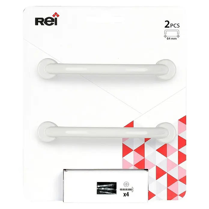 Rei Tirador para muebles - Distancia entre orificios: 64 mm, Blanco, Brillante, 2 ud. - Primer plano de dos barras de apoyo blancas REI presentadas en un paquete con tornillos.
